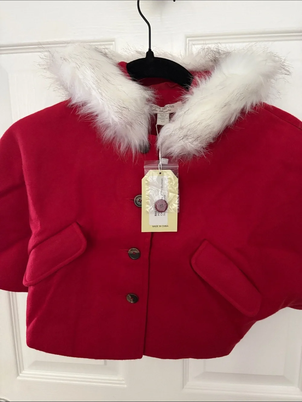 Girls' Red Hooded Cape with Faux-Fur Trim